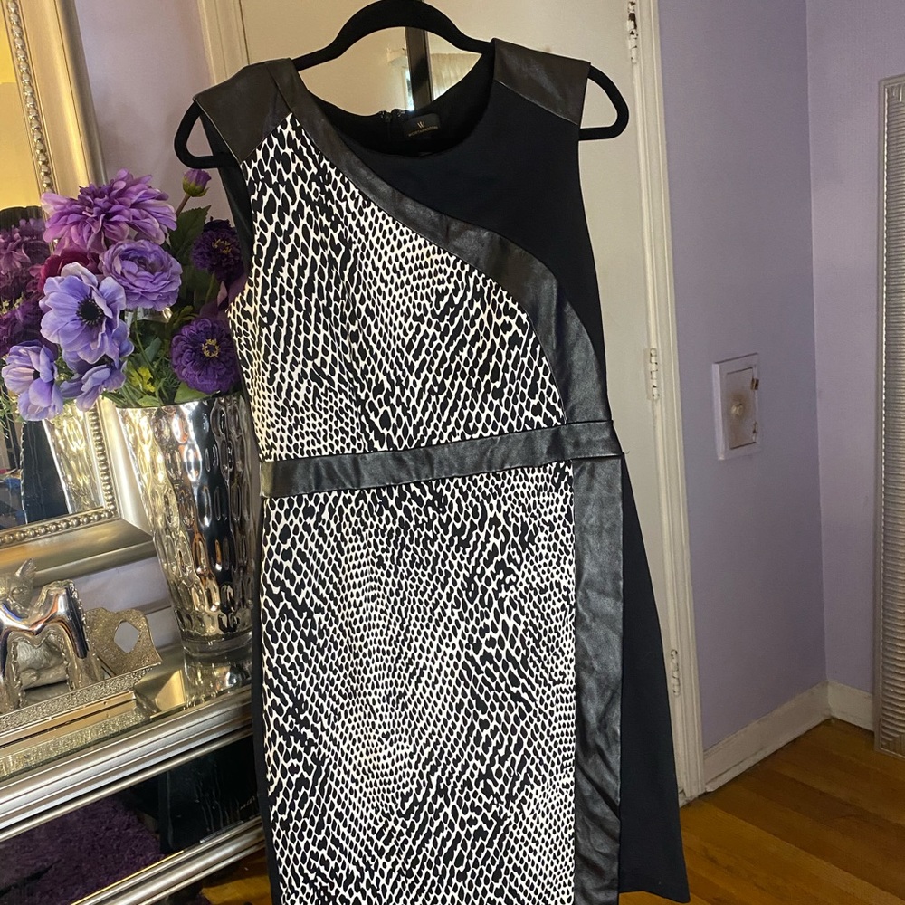 Black animal print dress with faux leather accents